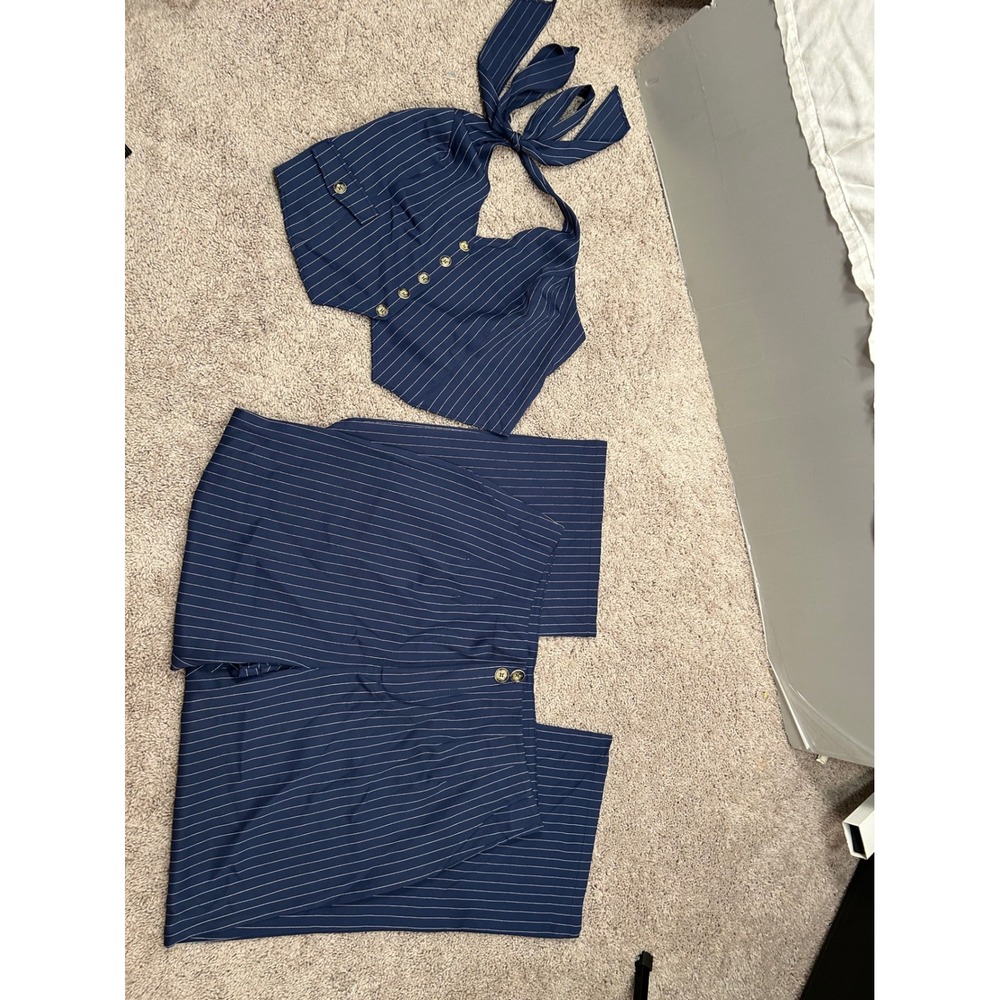 NWT Blue Pinstripe Two Piece Set Halter Crop Top Wide Leg Pants Women 2XL #2082